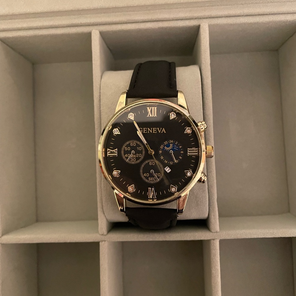 Geneva Black Dial Gold-Tone Watch with Black Leather Band